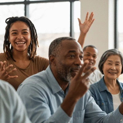Diverse group of people actively participating in a community meeting