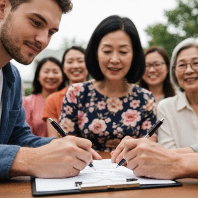 Close-up of hands signing a petition on a clipboard, with a diverse group of people in the background.