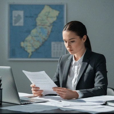 Person studying campaign finance documents with a New Jersey map in the background