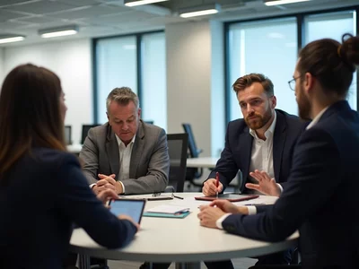 A diverse group of people discussing political campaign strategies in a modern office, no text, no words, no typography, no labels, clean image