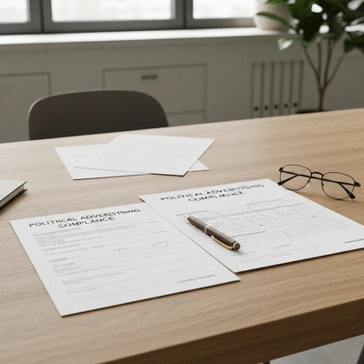 Documents and forms related to political advertising compliance on a desk, with a pen and glasses