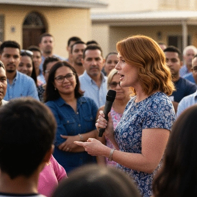 Candidate speaking to diverse group of voters in a community setting