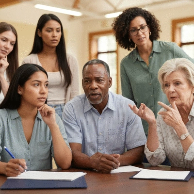 Diverse group of community members and local officials discussing issues in a town hall meeting