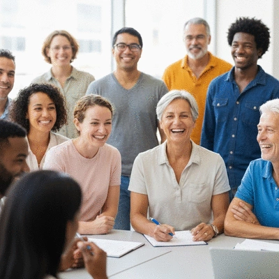 Diverse group of people engaging in a community dialogue, smiling and nodding