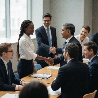 Diverse group of diplomats shaking hands at a United Nations meeting