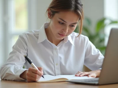 Person studying election laws with a book and laptop, representing candidate eligibility requirements