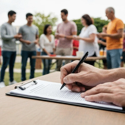Close-up of hands signing a petition on a clipboard at a community event