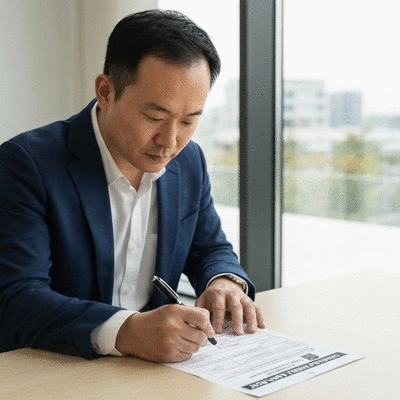 A person filling out a political advertisement disclaimer form