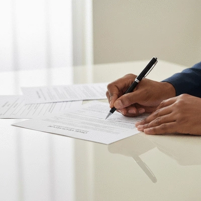 Close-up of hands filling out official candidate filing documents