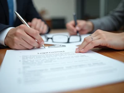 Person reviewing legal documents and forms, with a pen and glasses on a desk