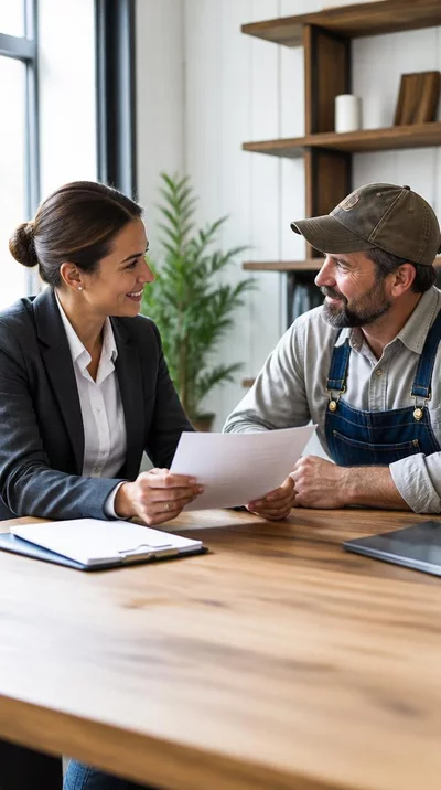 USDA representative helping a farmer with grant application, symbolizing financial support