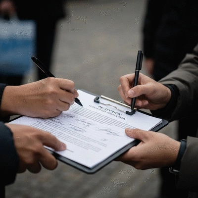 Close-up of hands collecting signatures on a petition clipboard, with a blurred background of a community event