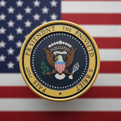 Presidential seal with American flag in background, symbolizing authority and national defense