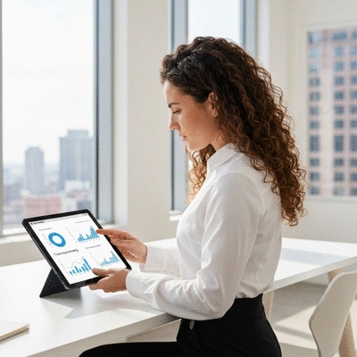 Person reviewing campaign finance documents on a tablet, with graphs and charts visible