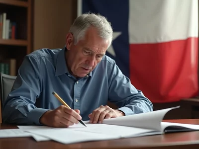 Person studying election documents on a desk with a Texas flag in the background