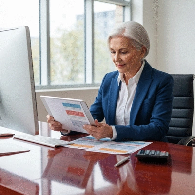 Person reviewing financial documents on a tablet with a calculator and pen