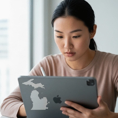 Person studying election laws on a tablet, with Michigan state map graphic overlay