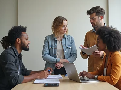 A diverse group of people discussing campaign strategy, looking determined