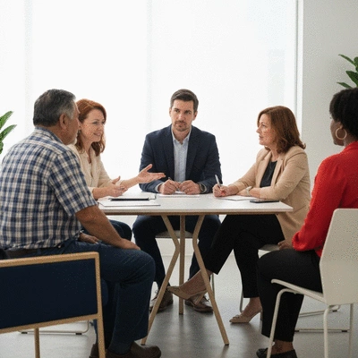 Diverse group of people participating in a focus group, discussing political topics, with a moderator, clean modern setting, no text, no words, no typography, 8K