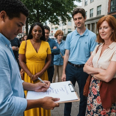 Person collecting signatures on a clipboard in a public setting