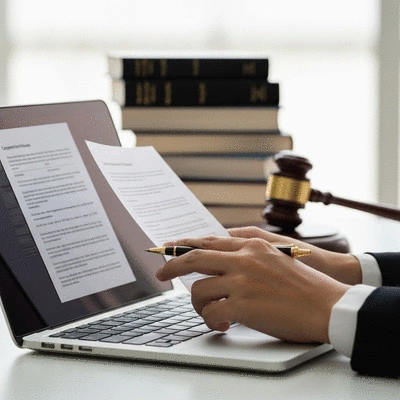 Person reviewing campaign finance documents on a laptop, with legal books in the background, symbolizing legal compliance and strategy