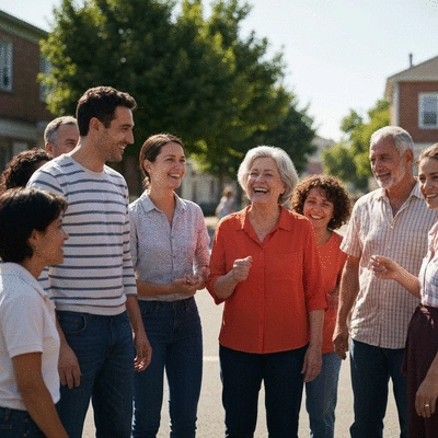 Diverse group of people engaging in a community discussion, smiling and interacting
