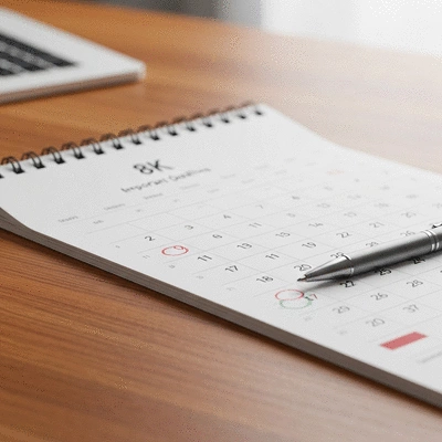 Calendar with highlighted dates and a pen, symbolizing important deadlines
