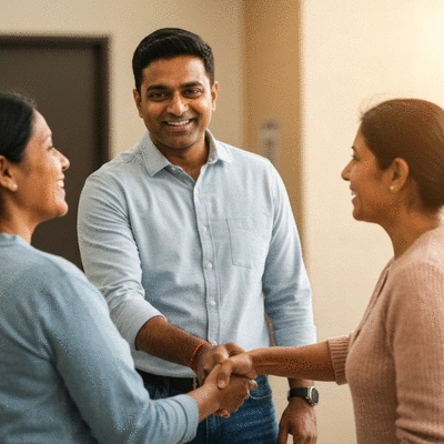 Candidate shaking hands with a voter at a local event, representing community engagement