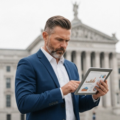 Person analyzing financial charts and data on a tablet, representing federal finance management