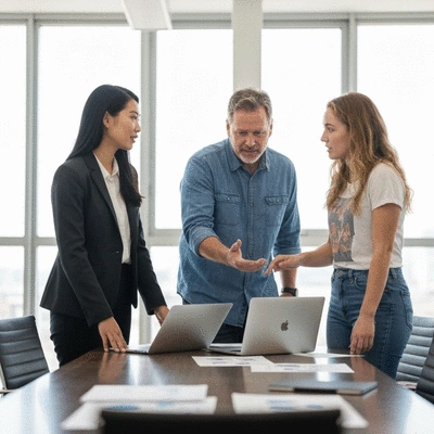 Diverse group of people discussing a political campaign with laptops and documents