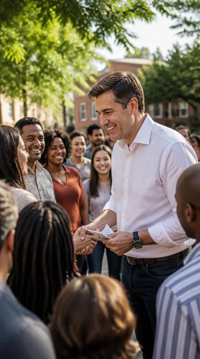 Diverse group of people engaging with a political candidate, representing community connection and dialogue