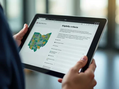 Person reviewing eligibility criteria on a tablet with Ohio state map in background