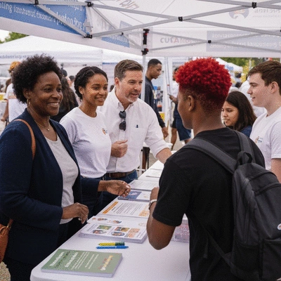Diverse group of people gathered at a community event, interacting with a candidate and volunteers at a booth, representing community outreach