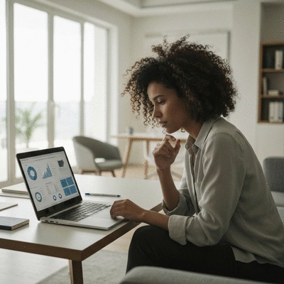 Person reflecting on campaign notes, charts, and feedback, sitting at a desk with a laptop and papers, no text, no words, no typography, no labels, clean image