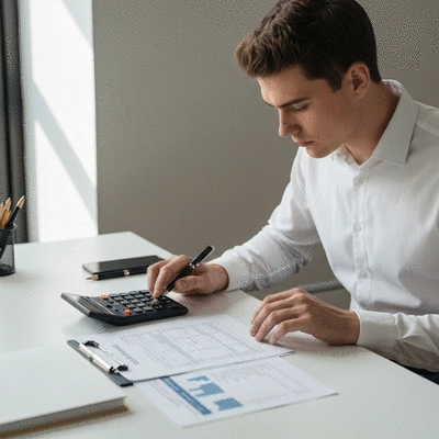 Person reviewing financial documents and a calculator on a desk
