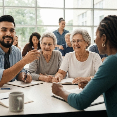 Diverse group of people in a community meeting discussing local issues
