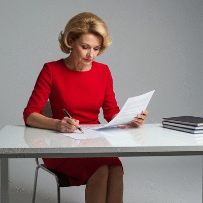 Person reviewing official documents with a pen, clean desk, professional setting