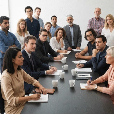 Diverse group of people at a town hall meeting, actively listening and engaging with a speaker, representing local civic engagement, no text, no words, no typography, clean image