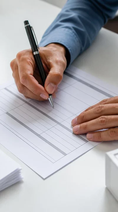 Close-up of a person filling out official election paperwork with a pen