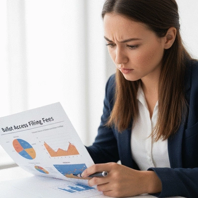 Person studying a complex financial document with charts and graphs, representing ballot access filing fees and financial planning, clean image