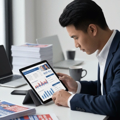 Person reviewing campaign strategy on a tablet with election statistics