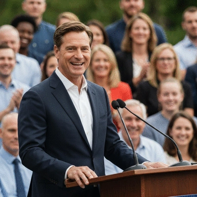 Candidate giving a speech at a podium, focus on ethical campaigning