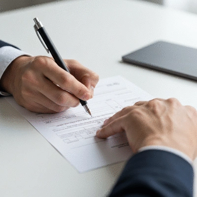 Person filling out a form with a pen, close up of hands and paper