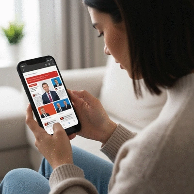 Person using a smartphone to engage with social media, showing political content, in a modern setting