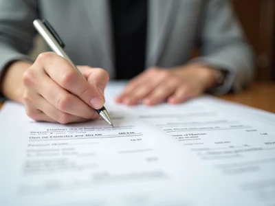 Close-up of a person's hand filling out an election form or ballot, with a pen and official documents on a table