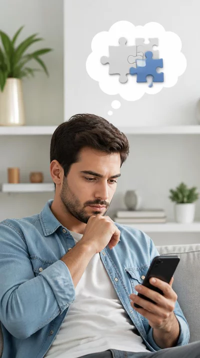 Person looking at a mobile phone displaying a message with a thought bubble indicating problem-solving, clean image