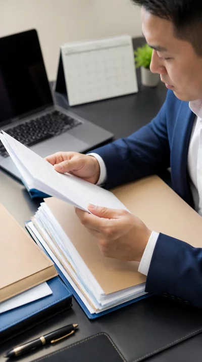 Candidate reviewing election filing documents with a calendar and pens