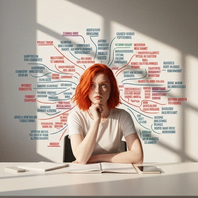 Person deeply engaged in thought, possibly journaling or mind-mapping, surrounded by keywords representing different issues and values, no text, no words, no typography, no labels, clean image