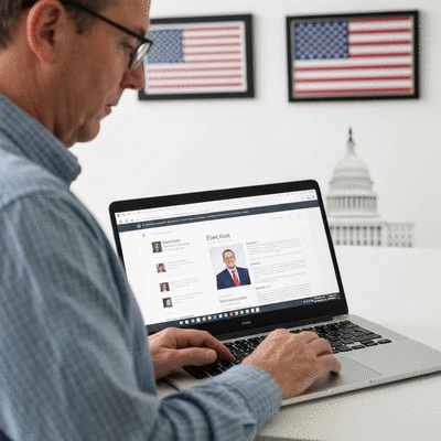 Person using a laptop to research election information