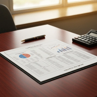 Campaign finance report document with graphs and data, professional setting